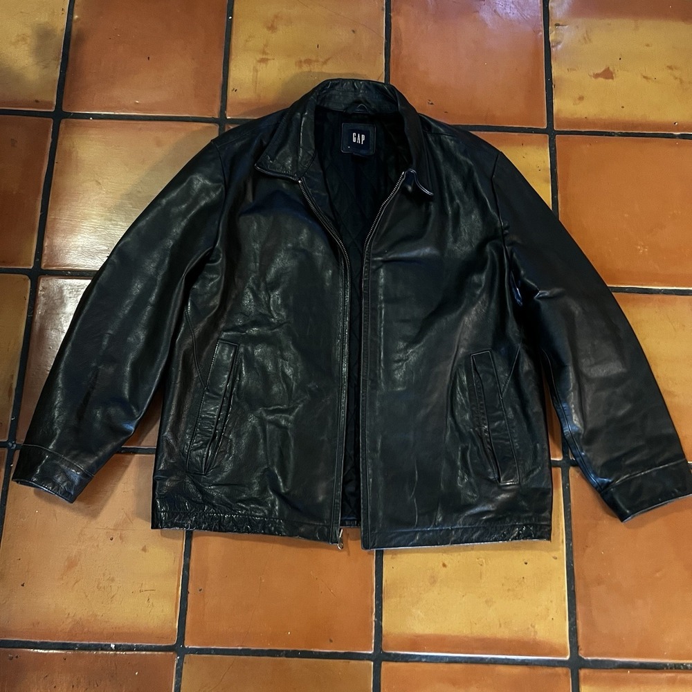 Vtg GAP Jacket Leather Coat Barn Chore Diamond‎ Argyle Quilted Lined Y2K Moto XL